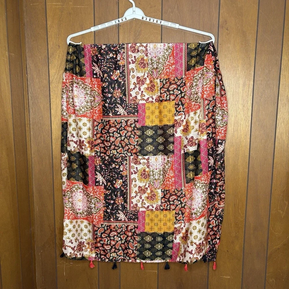 Oversized Boho Patchwork Print Scarf Wrap Shawl Tassel‎ 73x34 Earthy Festival